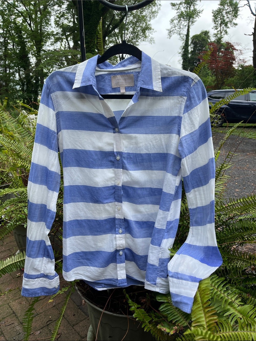 Blue and White Wide Stripe Button-Up Shirt by Banana Republic